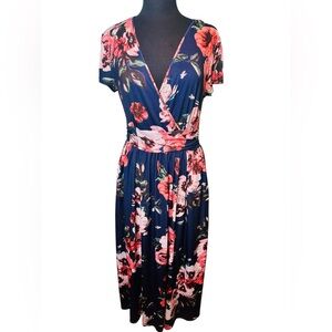 Ouges Navy Blue Floral V-Neck Maxi Wrap Dress  Size Medium